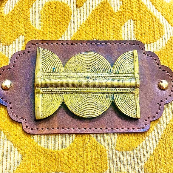 ADD LIBB Gold & Tan Tapestry Leather & Brass Clutch Shoulder Bag - Picture 3 of 9